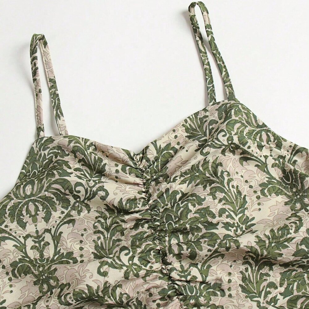 Multicolor Boho Women's Spaghetti Strap Leaf Print Ruffle Hem Maxi Slip Dress - Picture 4 of 7